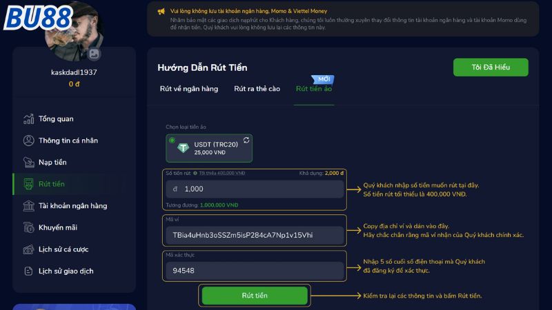 Hướng dẫn chi tiết các bước rút tiền Bu88