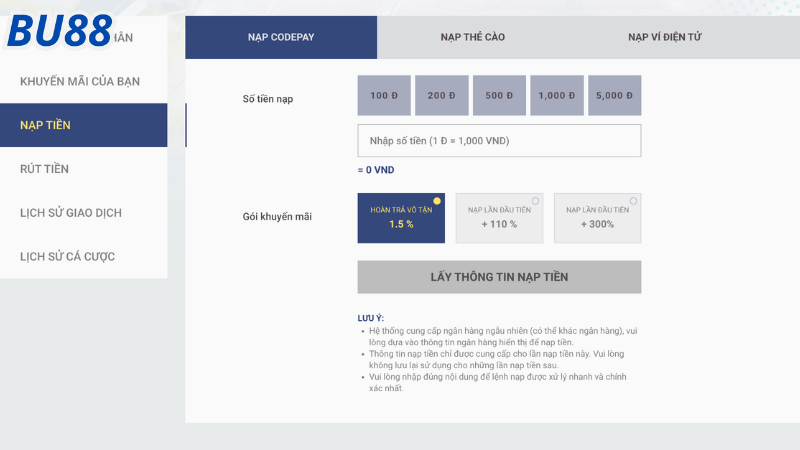 Tổng quan các phương thức nạp tiền Bu88 dành cho người chơi